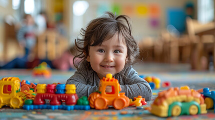 Fototapeta premium Playtime at Daycare: Group of Children Enjoying Toys and Games