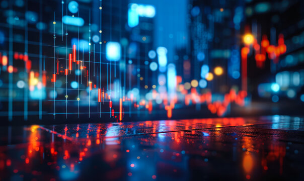 Financial Data Analysis Graph Overlay on Blurred Cityscape Background, Concept of Stock Market Trends, Economic Forecasts in Urban Setting