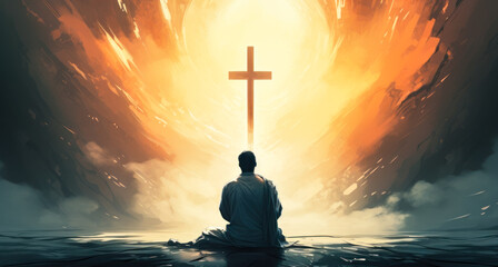 Silhouette of a man kneeling in prayer before a glowing cross, surrounded by ethereal light and abstract elements, depicting faith, worship, and spirituality