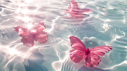 Calming fantasy pink butterflies on shimmering white water and the pink phosphorescence of plump pearls as a backdrop beautiful rhythm curves in the middle of the water - obrazy, fototapety, plakaty