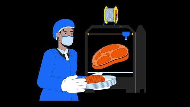 3D printed meat line cartoon animation. Advanced technology. Additive manufacturing 4K video motion graphic. 3d printer food researcher 2D linear animated character isolated on transparent background