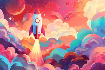 Craft an illustration that showcases a rocket playfully dancing amongst billowing clouds Experiment with vibrant colors and use your unique style to bring both the rocket and clouds to life - obrazy, fototapety, plakaty
