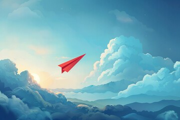 Create a captivating illustration of a paper plane gracefully soaring through a vast sky symbolizing freedom and independence
