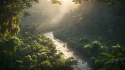 (((masterpiece))),(best quality),((ultra-detailed)),professional,gimicalmas,35mm photograph,4k,morning view,jungle with river,trees,sun light scattering,fire flies,drone view,visible,natural lighting, - obrazy, fototapety, plakaty