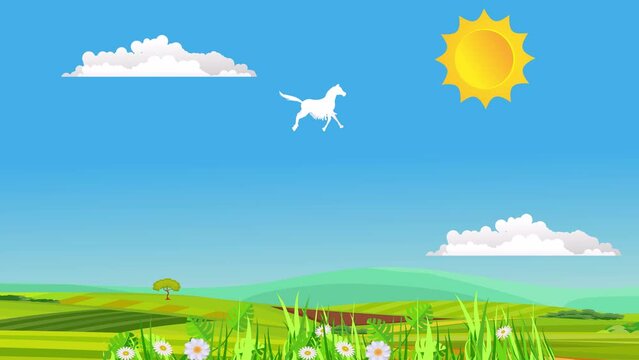 White Silhouette of running pegasus horse in countryside background animation clip