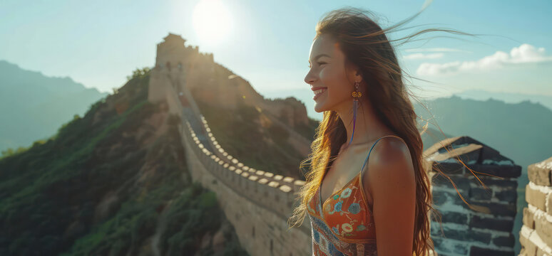 A woman smiling and looking into the distance Standing on the Great Wall of China
