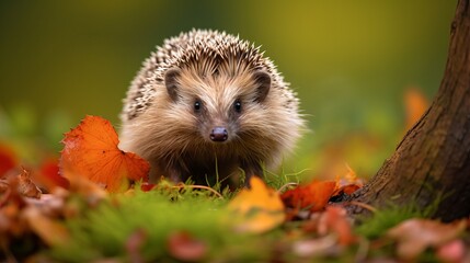 Hedgehog, wild, native, European hedgehog with red Fly Agaric toadstool, and green moss.  Facing forward.  Autumn or fall. Close up. Horizontal.  Space for copy - obrazy, fototapety, plakaty