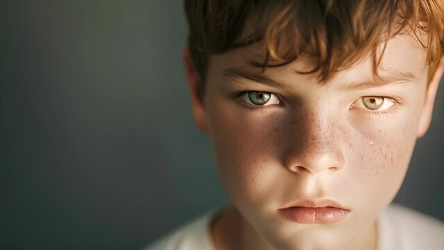 A teenage boy with a bruised cheek and a determined expression determined to break free from the cycle of abuse, Young Boy With Freckled Hair and Eyes