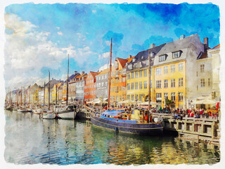 Picturesque cityscape with colorful medieval houses and boats on the waterfront in Copenhagen, Denmark. Watercolor painting.
