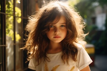 Portrait of a beautiful little girl with long curly hair in the sunlight.
