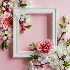 White wooden frame decorated with branches of floral blossom on pink, botanical flowers composition