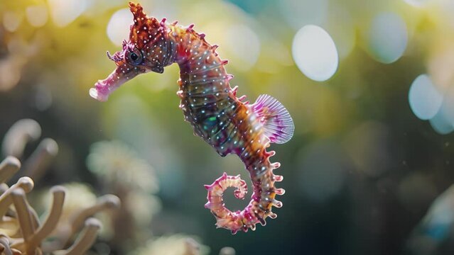 A colorful seahorse camouflaged in the background its outline ly visible.
