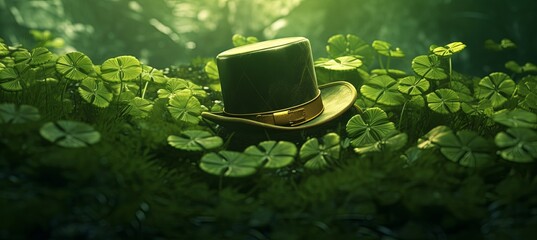 Green shamrock lucky top hat as St Patrick's day symbol and luck icon of Irish tradition with magical four leaf clover. - obrazy, fototapety, plakaty