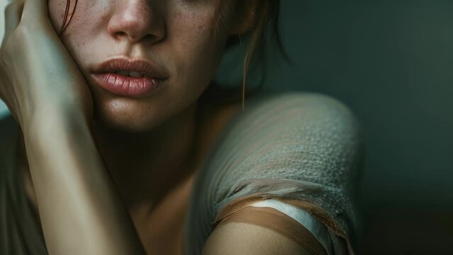 A woman with a bandage on her arm her face pale and lips trembling as she goes through withdrawal from injecting heroin, female With Hand on Head