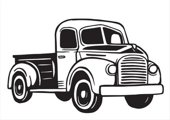 old truck, black and white illustration in sketch style, engraving. vintage drawing