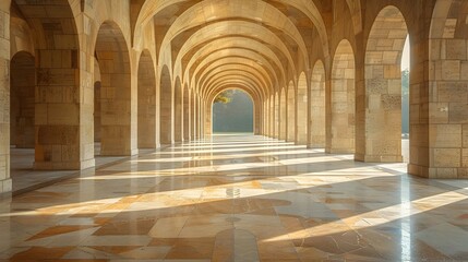 Fototapeta premium Majestic Hallway with Arches and Marble in Golden Hues