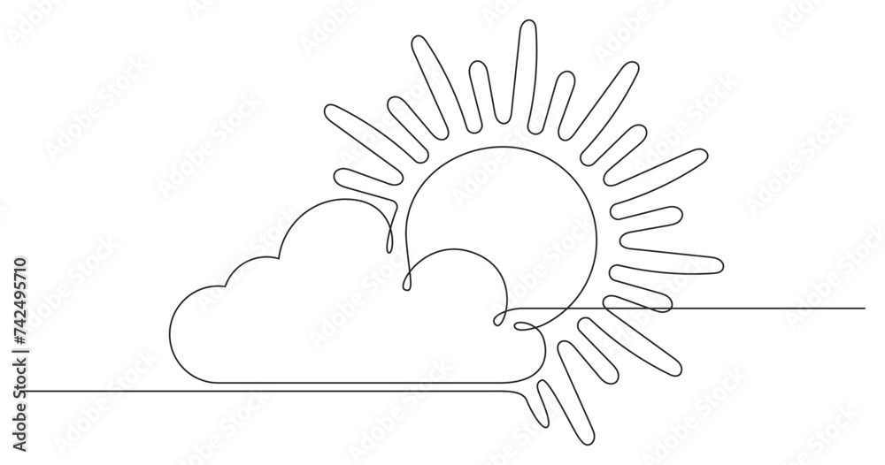 Wall mural sun hiding behind the cloud continuous one line art outline. sunshine contour line. vector illustrat