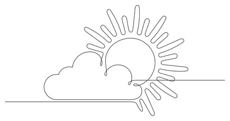 Sun hiding behind the cloud continuous one line art outline. Sunshine contour line. Vector illustration isolated on transparent. Editable stroke.