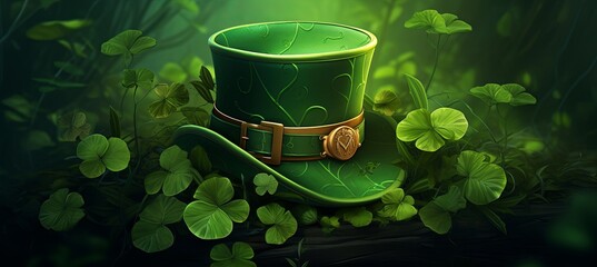 Green shamrock lucky top hat as St Patrick's day symbol and luck icon of Irish tradition with magical four leaf clover.