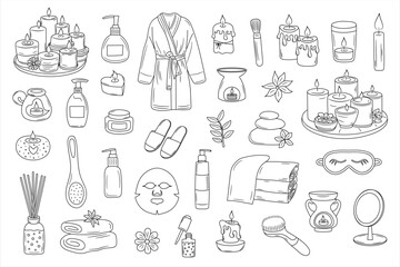 Spa, relax, candle doodle set. Makeup, beauty care outline icons. Natural cosmetic, spa and self care concept.
