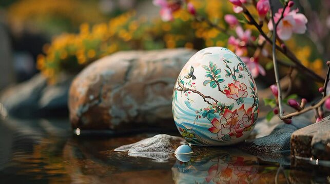 easter egg art painted with flower arrangement sea illustration and dove in white background easter egg on the side of river and jungle easter video greeting