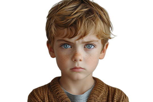 A boy portrait with blond hair and innocent eyes, boy's face contorted in anger.