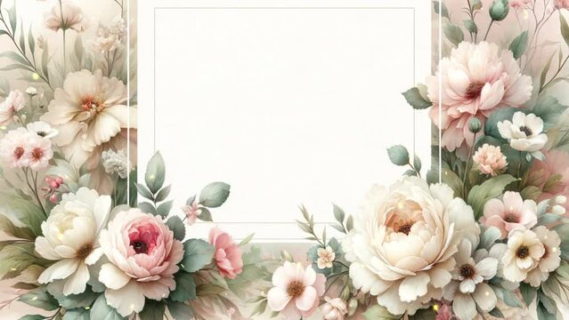 White square frame on a background of watercolor flowers with gold glitter.