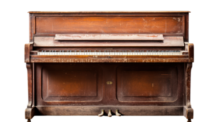 A very old brown piano, vintage isolated on transparent and white background.PNG image 