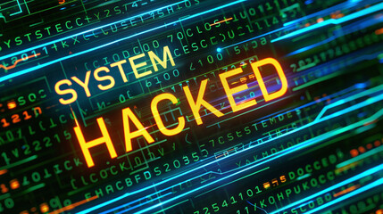 “System hacked” - the inscription is illustrated on the digital screen with numbers and letters in the background. Cyber security and hack attacks concept