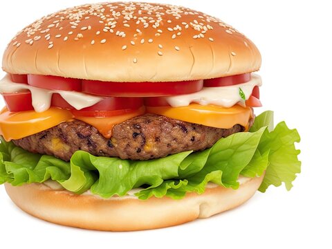 Free image of a mouthwatering cheeseburger with a lot of fixings, isolated on a white backdrop.