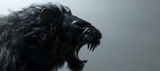 black lion roaring, side perspective, empty space for text or logo, blured background