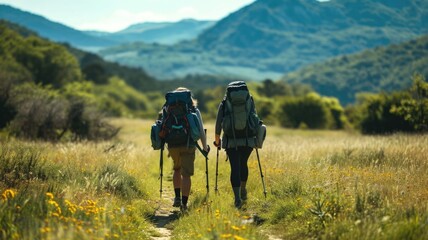 Two Hikers Trekking on a Sunny Trail with Mountain Backdrop, rucking routes that are laid against the backdrop of beautiful natural landscapes,