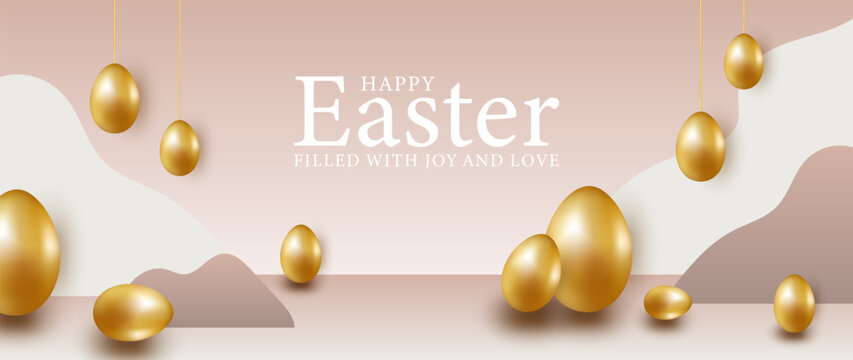 Beige Easter card with golden eggs. Easter background, wallpaper, poster, banner