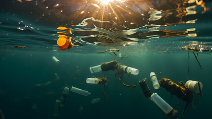 Naklejka na ściany i meble Plastic pollution in oceans, Plastic waste and pollution in oceans and rivers