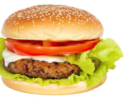 Free image of a mouthwatering cheeseburger with a lot of fixings, isolated on a white backdrop.