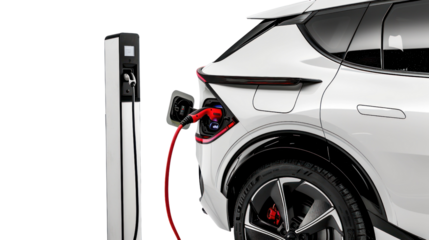 electric vehicle , plugged into a charging station isolated on transparent and white background.PNG image