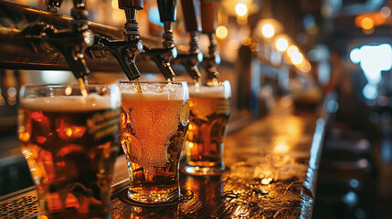 Beer Pouring Process: Close-up of beer being poured into glasses. Counter of old pub with beer taps.