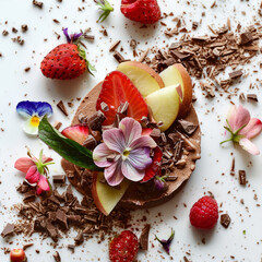 Obraz na płótnie Canvas Image of a chocolate dessert with sliced strawberries, apples and flower petals