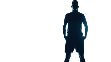 silhouette soccer player man standing isolated on transparent and white background.PNG image