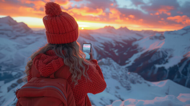Back view of female traveler Capture stunning landscape photos with mountains and sunset sky.