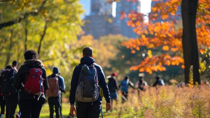 group of Rucking people interacting and moving as a team, sharing experiences and support on an Autumn Hike in the Park