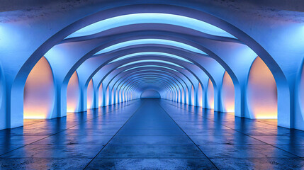 Modern tunnel architecture with futuristic lighting, presenting a sleek and empty corridor leading...