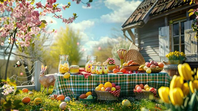 easter party set up in the village with statue of weird animal rabbit chicken in the corner and various collor of easter eggs