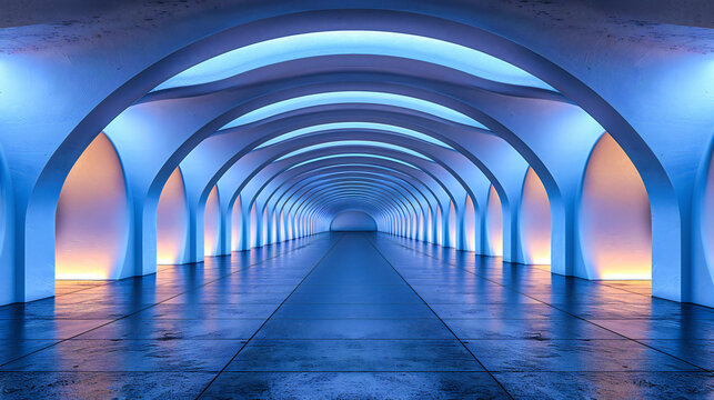 Fototapeta Modern tunnel architecture with futuristic lighting, presenting a sleek and empty corridor leading into a brightly illuminated space