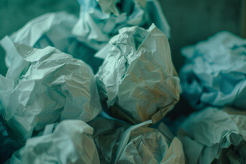 Close-up of crumpled paper balls stacked in a neat pile, with clean composition and subtle lighting highlighting the beauty of imperfection, Japanese minimalistic style, portra 400