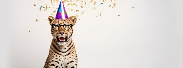 Leopard in a festive hat and glasses. Creative animal concept. Postcard or invitation to a party. Banner for advertising
