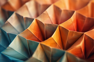 Close-up of intricate origami shapes arranged in a geometric pattern, with soft focus and shallow depth of field creating a sense of depth and dimension, Japanese minimalistic styl - obrazy, fototapety, plakaty