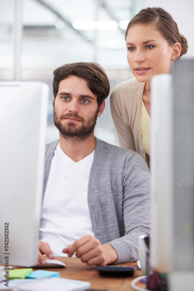 Poster business people, computer and communication in planning for proposal, online and internet for resear