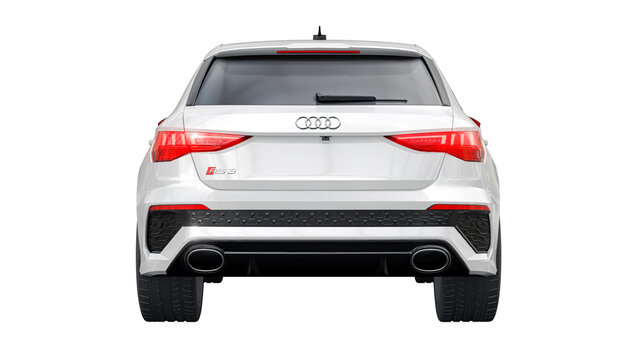 Berlin. Germany. February 20, 2024. Audi RS3 2022. White sports hatchback with four-wheel drive quattro for driving pleasure as well as for family and work. 3d illustration.