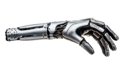 Robot's hand isolated on transparent and white background.PNG image